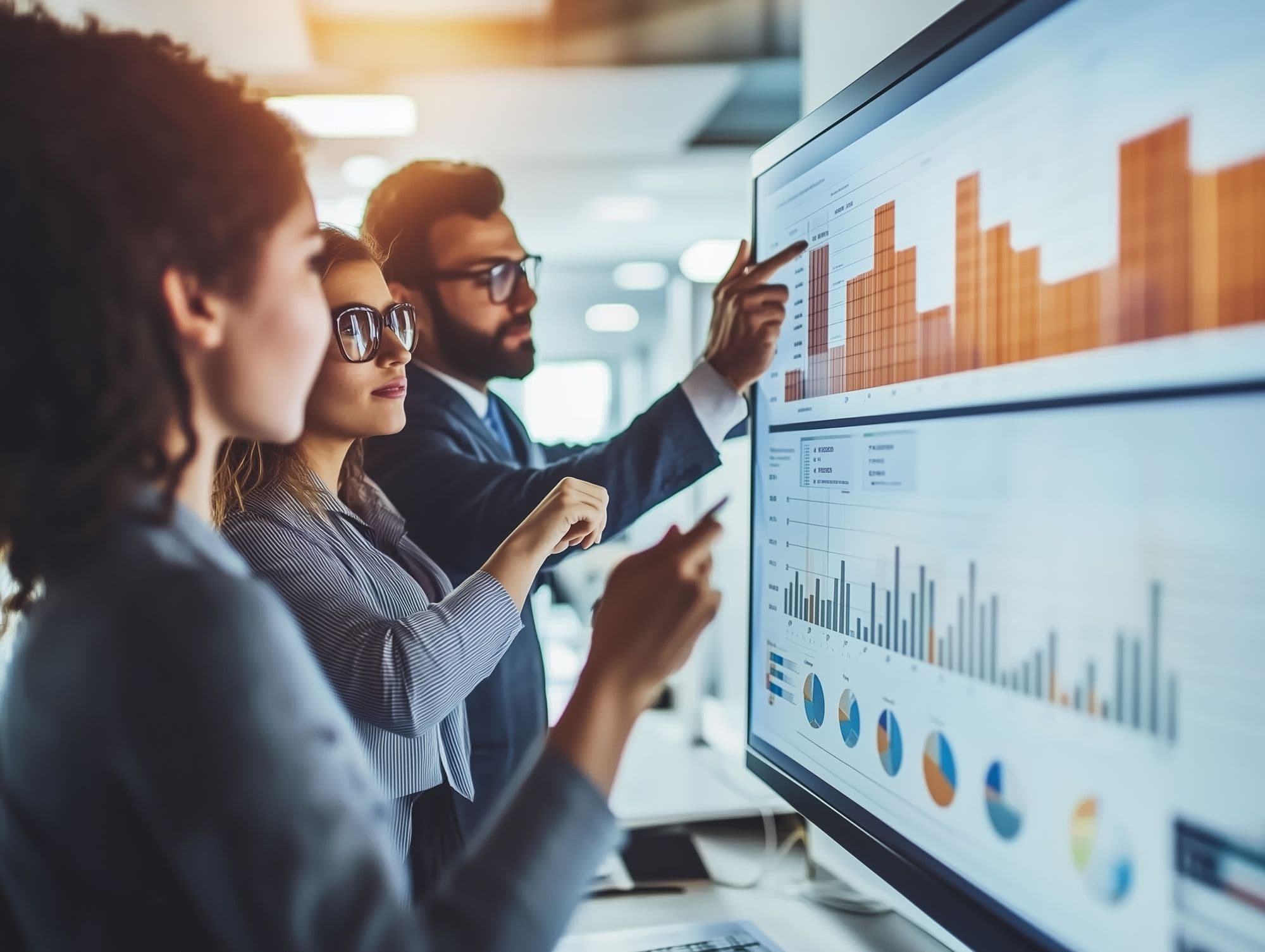 A focused business team reviewing analytics and performance metrics on a digital dashboard