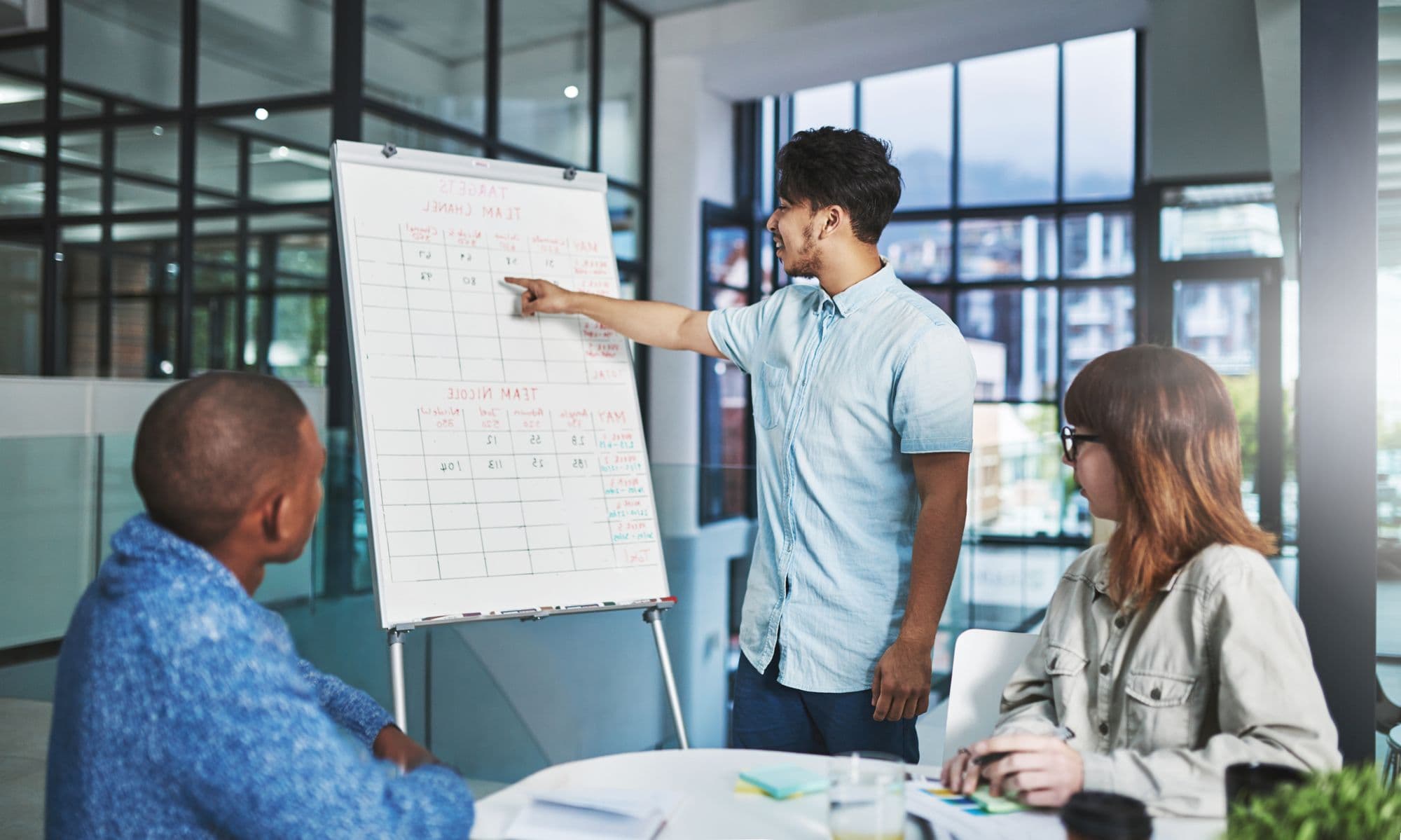 A team at a whiteboard planning a content strategy and editorial schedule